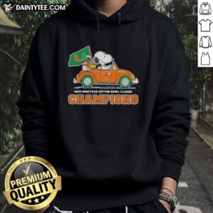 Alt Text: Premium 2025 Goodyear Cotton Bowl Classic Champions hoodie featuring Snoopy driving a car, celebrating Miami Hurricanes football.