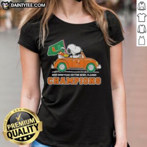 Premium 2025 Goodyear Cotton Bowl Classic Champions tee featuring Snoopy driving a car for Miami Hurricanes football.