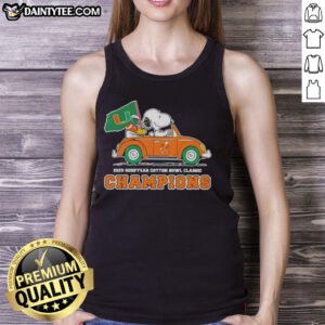 Alt Text: Premium 2025 Goodyear Cotton Bowl Classic Champions tank top featuring Snoopy driving a car for Miami Hurricanes football.
