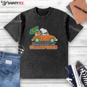 Premium 2025 Goodyear Cotton Bowl Classic Champions tee with Snoopy driving a car, featuring Miami Hurricanes football design.