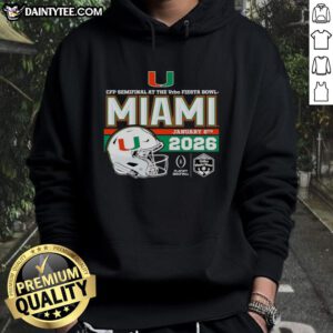 Premium 2026 Vrbo Fiesta Bowl Miami Hurricanes CFP Semifinal Helmet Hoodie showcasing team spirit and style.