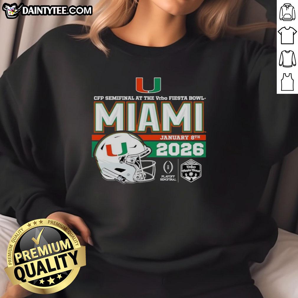 Alt Text: Premium 2026 Vrbo Fiesta Bowl Miami Hurricanes CFP Semifinal helmet sweatshirt featuring vibrant team colors and logo.