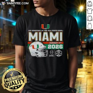 Premium 2026 Vrbo Fiesta Bowl Miami Hurricanes CFP Semifinal helmet t-shirt featuring vibrant team graphics.