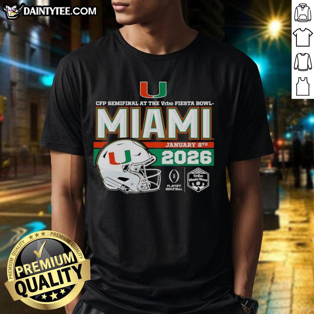 Premium 2026 Vrbo Fiesta Bowl Miami Hurricanes CFP Semifinal helmet t-shirt featuring vibrant team graphics.