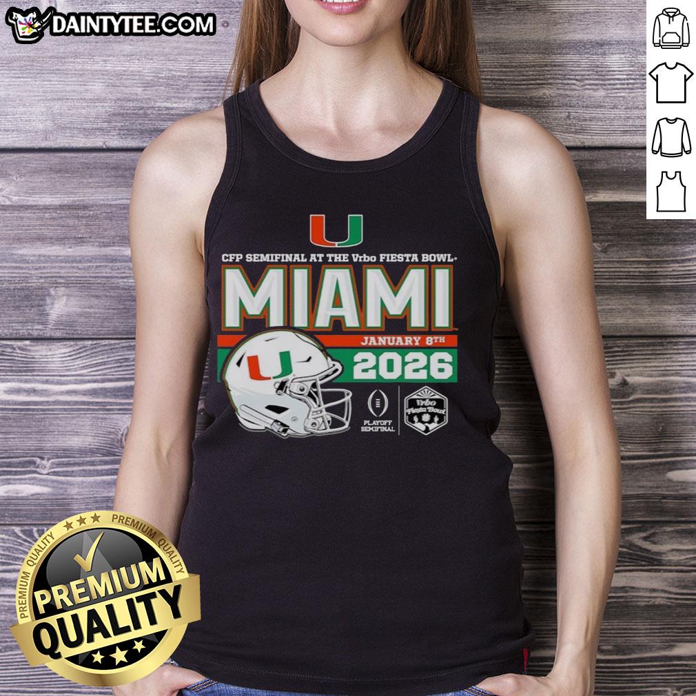 Premium 2026 Vrbo Fiesta Bowl Miami Hurricanes CFP Semifinal Helmet Tank Top featuring vibrant team colors and logo.