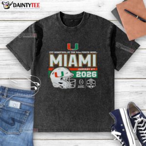 Premium 2026 Vrbo Fiesta Bowl Miami Hurricanes CFP Semifinal Helmet Washed T-Shirt, featuring vibrant team colors and logo.