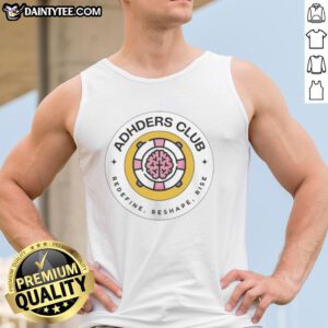 Top Adhders Club Redefine Reshape Rise logo on a stylish tank top, perfect for fitness enthusiasts.