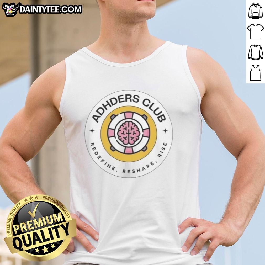 Top Adhders Club Redefine Reshape Rise logo on a stylish tank top, perfect for fitness enthusiasts.