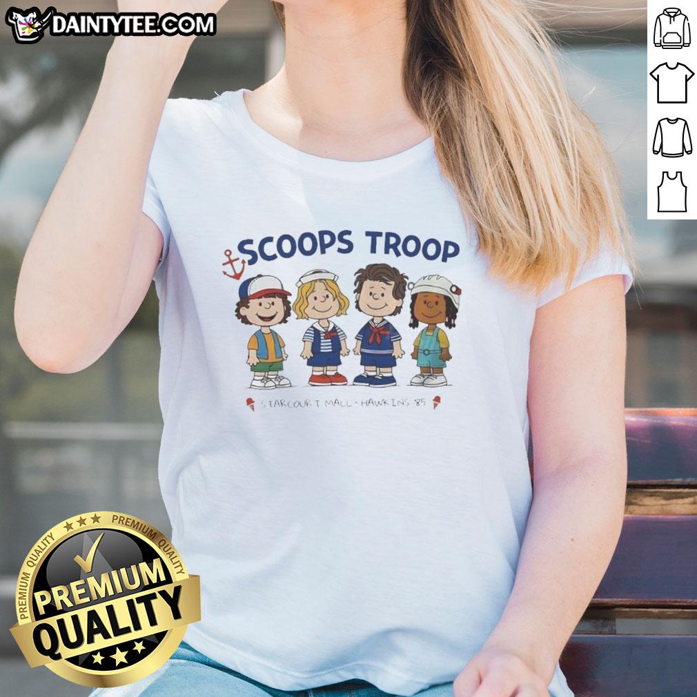 Top Scoops Troop Starcourt Mall Hawkins 85 tee featuring Stranger Things and Peanut cartoon design for ladies.