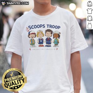 Top Scoops Troop Starcourt Mall Hawkins 85 T-Shirt featuring Stranger Things and Peanut cartoon design.