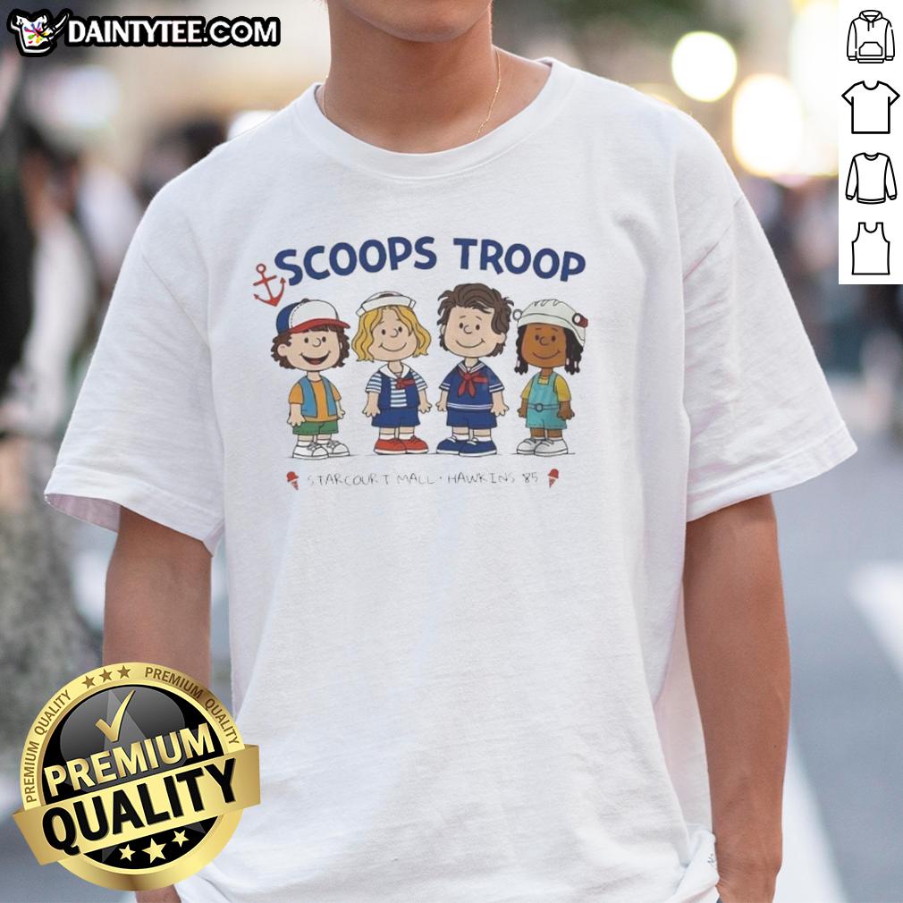 Top Scoops Troop Starcourt Mall Hawkins 85 T-Shirt featuring Stranger Things and Peanut cartoon design.