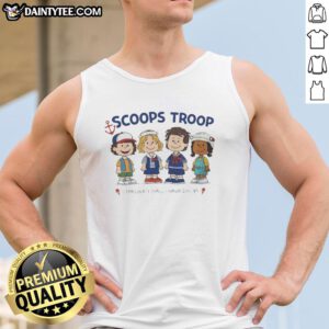 Alt Text: Top Scoops Troop Starcourt Mall Hawkins tank top featuring 'Stranger Things' and peanut cartoon design.