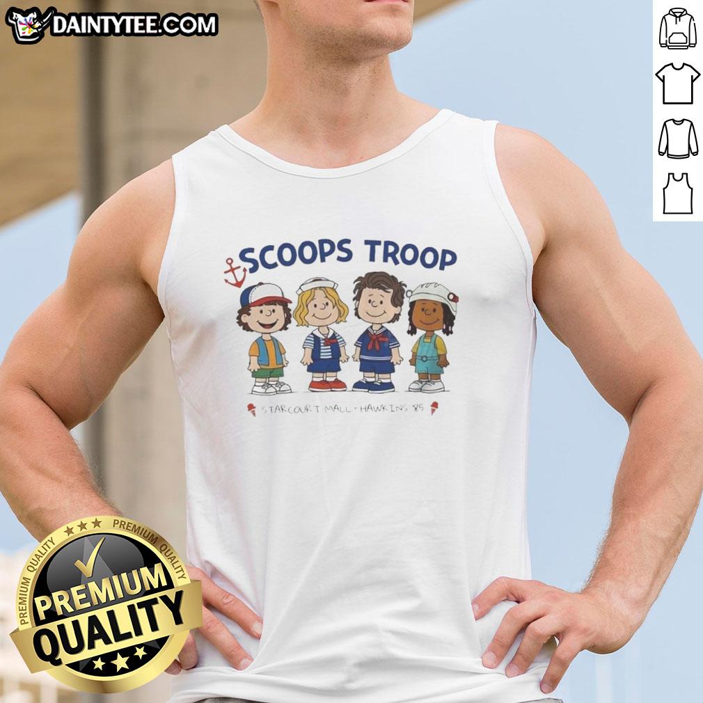 Alt Text: Top Scoops Troop Starcourt Mall Hawkins tank top featuring 'Stranger Things' and peanut cartoon design.
