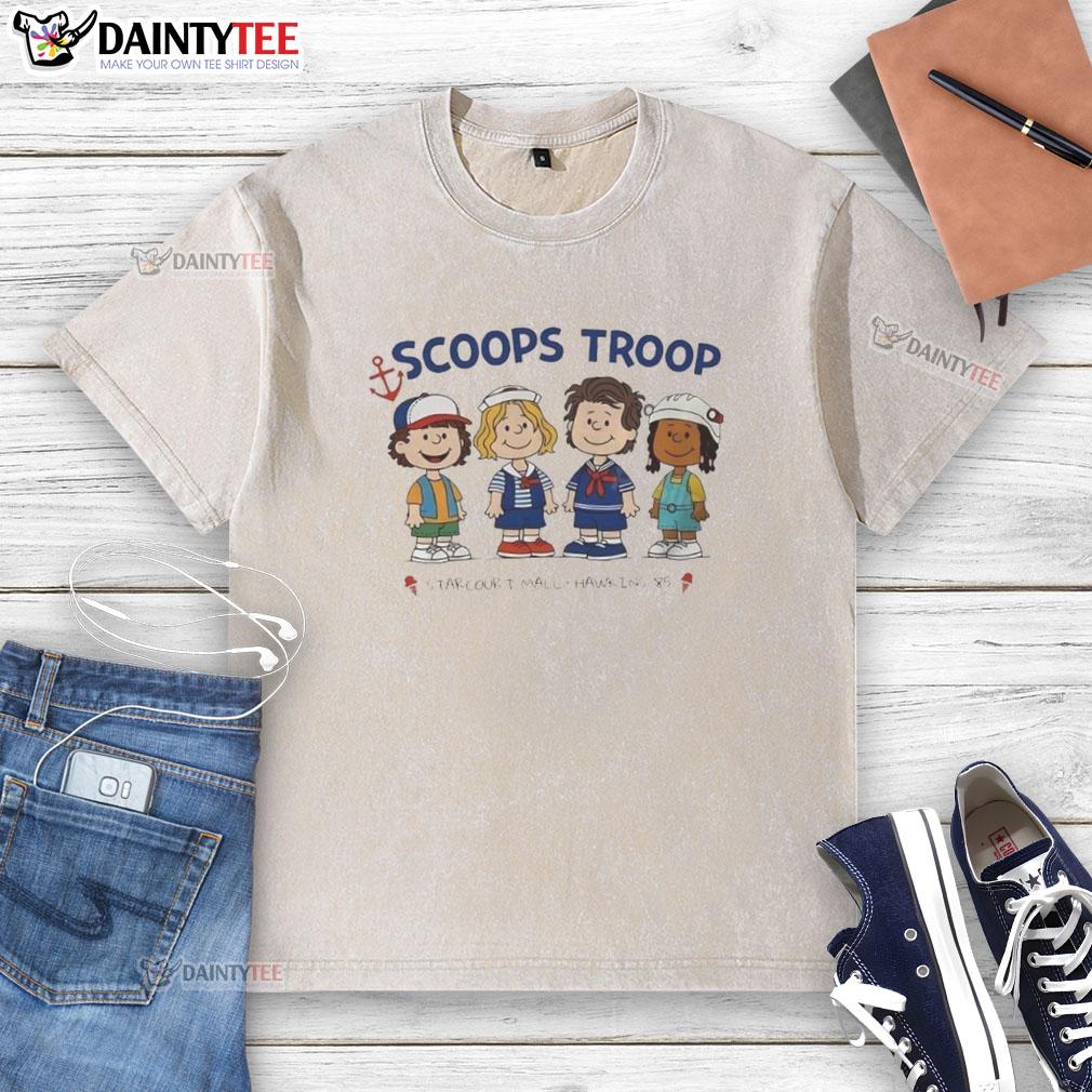 Alt Text: Top Scoops Troop Starcourt Mall Hawkins washed t-shirt featuring Stranger Things x Peanut cartoon design.