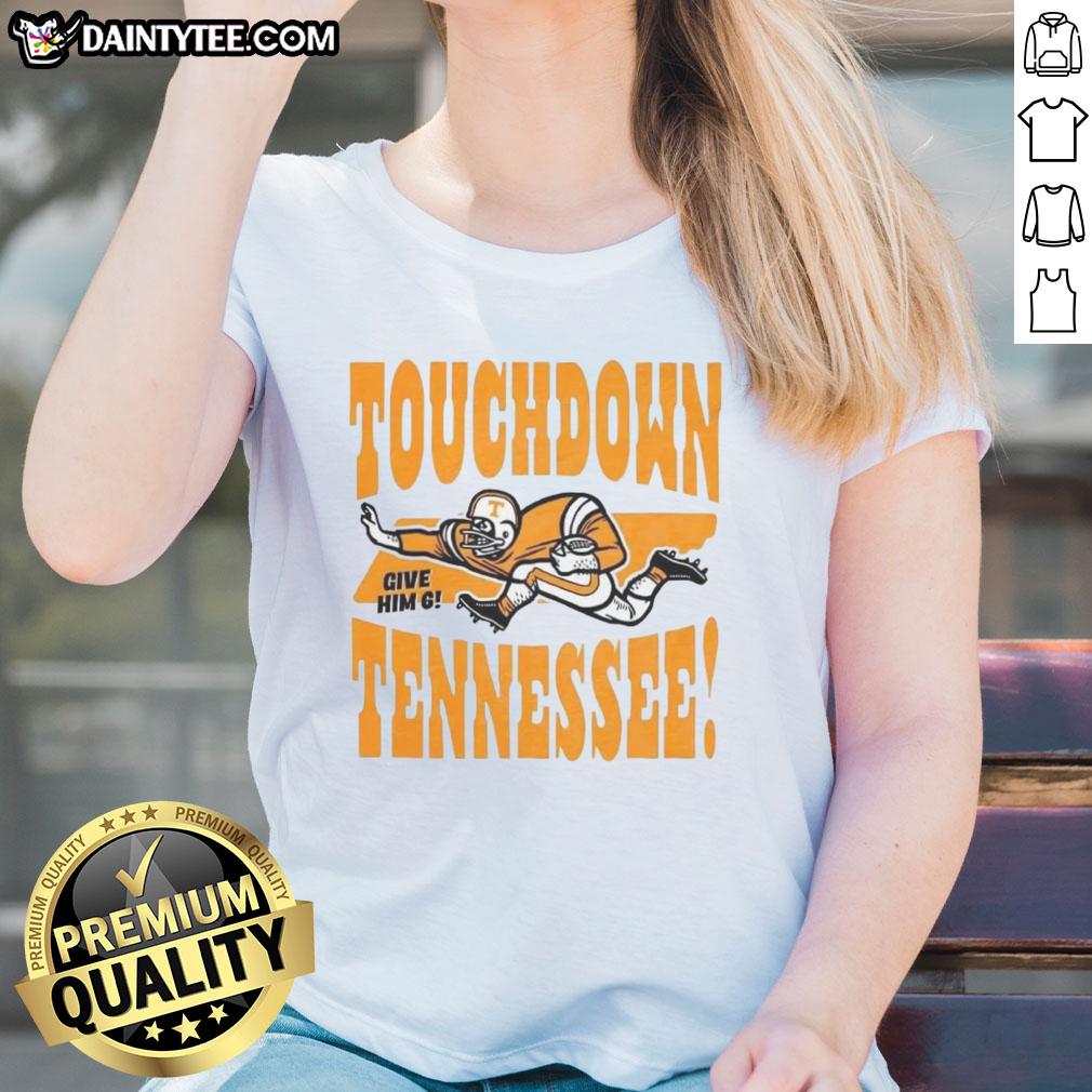 Vintage ladies tee featuring 'Give Him Six' slogan for Top Tennessee Volunteers Football touchdown celebration.