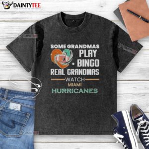 Grandmas playing bingo while wearing Miami Hurricanes washed t-shirts, showcasing their fun and spirited side.