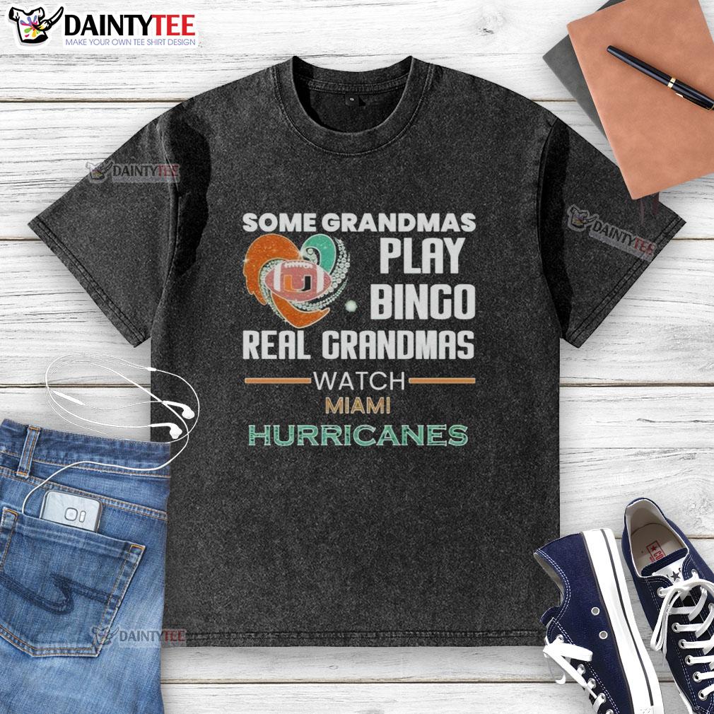 Grandmas playing bingo while wearing Miami Hurricanes washed t-shirts, showcasing their fun and spirited side.