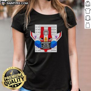 Funny Starscream Cybertron Police Dept mugshot on a ladies tee, showcasing a humorous design for Transformers fans.