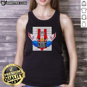 Funny Starscream Cybertron Police Dept mugshot tank top featuring a humorous graphic of Starscream in a police lineup.