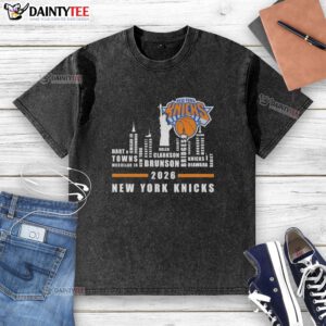 Alt Text: 2026 New York Knicks washed t-shirt featuring city skyline and all player names, perfect for fans.