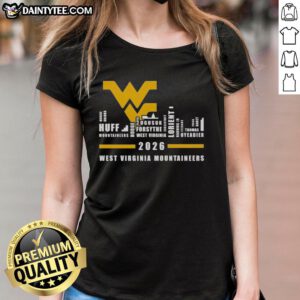 Alt Text: Good 2026 West Virginia Mountaineers Ladies Tee featuring city skyline design and all team names.