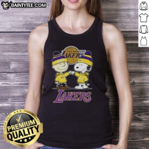 Good Charlie Brown Touch Hand Snoopy X Los Angeles Lakers Logo Tank Top featuring iconic characters and stylish design.