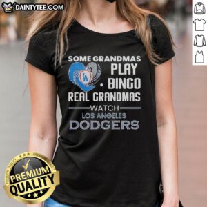 Alt Text: Grandmas enjoying bingo while wearing a Los Angeles Dodgers heart-shaped tee during a fun game night.
