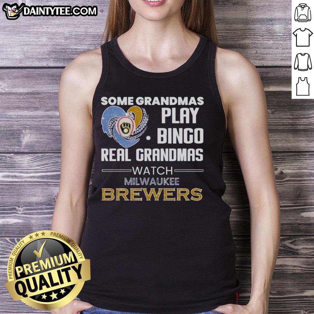 Grandma wearing a heart-shaped tank top supporting the Milwaukee Brewers while enjoying bingo at home.