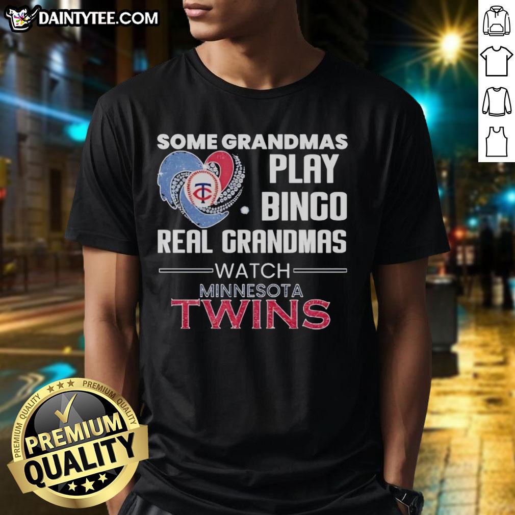 Heart-shaped t-shirt featuring 'Real Grandmas Watch Minnesota Twins' design, perfect for baseball fans and grandmas.