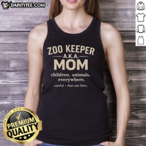 Top Zoo Keeper, aka Mom, joyfully surrounded by children and animals, wearing a fun tank top at the zoo.