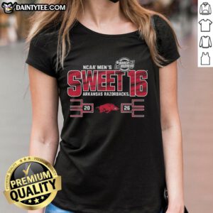 Awesome Arkansas Razorbacks Sweet 16 2026 Men's March Madness ladies tee featuring team colors and logo.