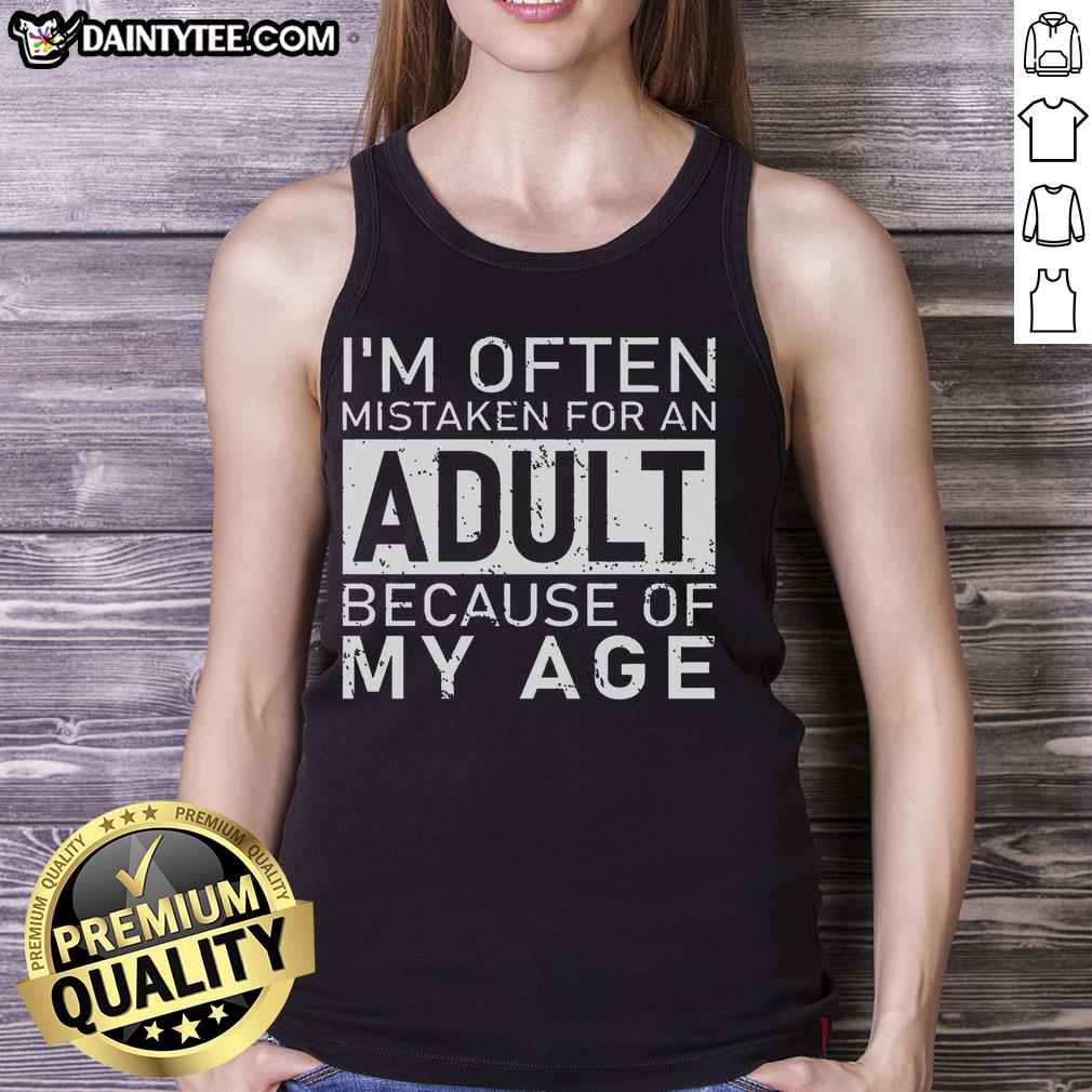 Young person wearing 'Awesome I'm Often Mistaken for an Adult Because of My Age' tank top, showcasing fun and youthful style.