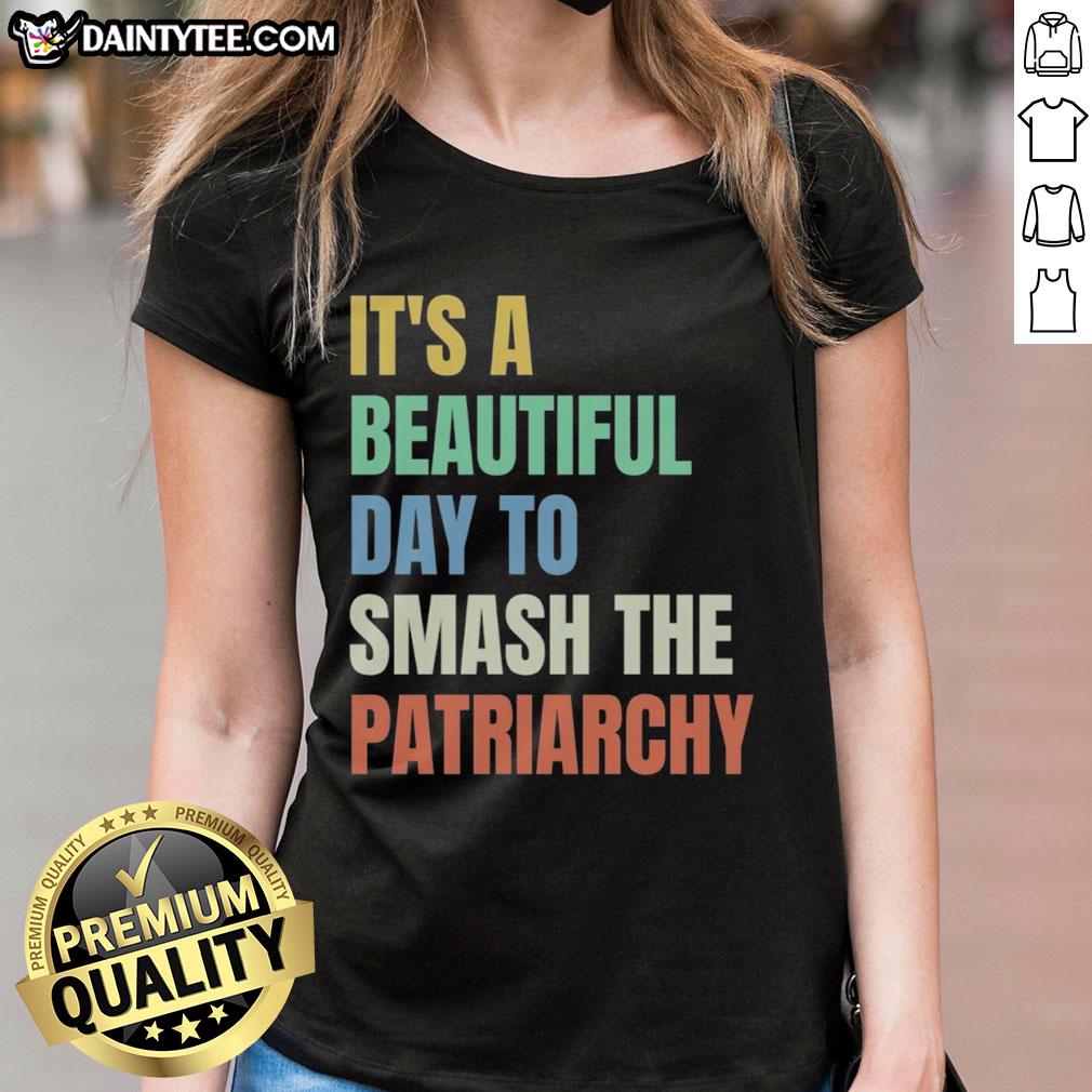 Alt Text: Rainbow Ladies Tee featuring 'It's a Beautiful Day to Destroy the Patriarchy' slogan for feminist empowerment.