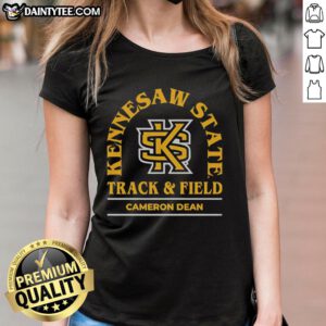 Alt Text: Cameron Dean wearing an Awesome Kennesaw State University Track and Field ladies tee during a competition.
