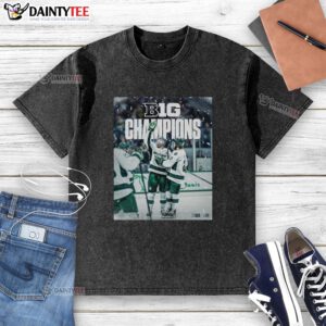 Awesome Michigan State Spartans back-to-back-to-back ice hockey 2026 B1G washed t-shirt displayed on a wooden background.