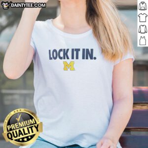 Alt Text: Awesome Michigan Wolverines 2026 Lock It In Ladies Tee in blue and maize, perfect for fans and game day attire.
