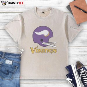 Alt Text: Awesome Minnesota Vikings football logo on a big helmet design featured on a washed t-shirt for fans.