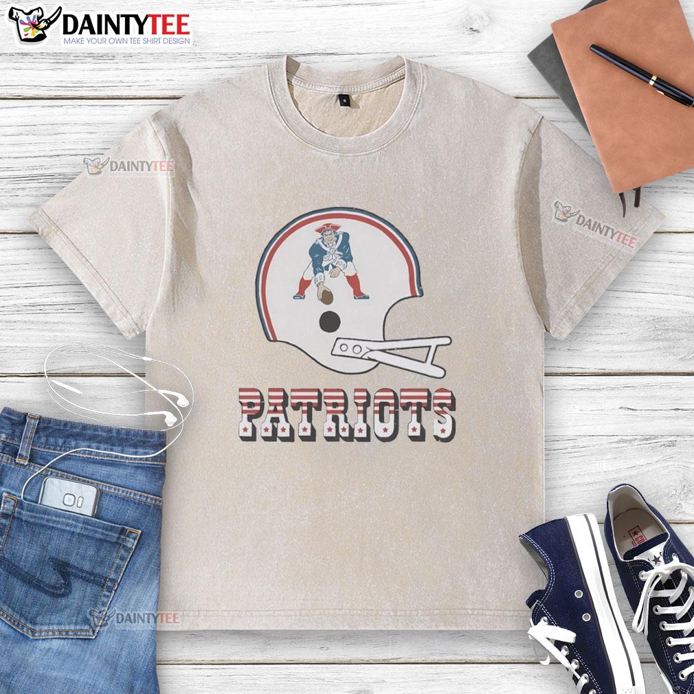 Alt Text: Awesome New England Patriots football logo on a big helmet design featured on a washed t-shirt.