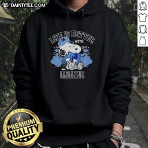 Snoopy wearing a Memphis Grizzlies hoodie, showcasing the logo with the phrase 'Life is Better with Memphis Grizzlies.'