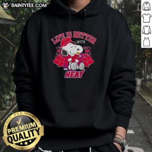 Snoopy wearing a Miami Heat logo hoodie with 'Life is Better With Heat' text, showcasing team spirit and style.