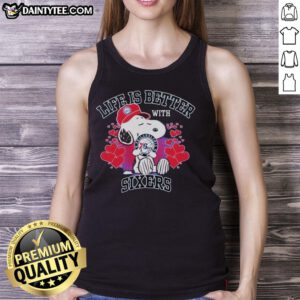 Awesome Snoopy wearing a Philadelphia 76ers logo tank top, showcasing 'Life is Better with Sixers' design.