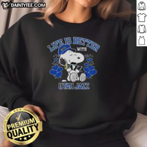 Snoopy wearing a Utah Jazz sweatshirt with 'Life Is Better With Utah Jazz' logo, showcasing team spirit.