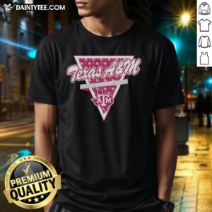 Alt Text: Texas A&M Aggies Football T-Shirt with Palm Tree Pattern and Triangle Logo, perfect for fans and beach outings.