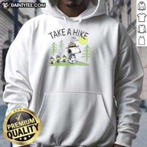 Cute Peanuts Snoopy Take A Hike hoodie featuring Snoopy and Woodstock in a playful hiking scene, perfect for fans.