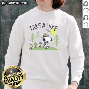 Alt Text: Cute Peanuts Snoopy Take A Hike sweatshirt featuring Snoopy and Woodstock in a scenic hiking design.