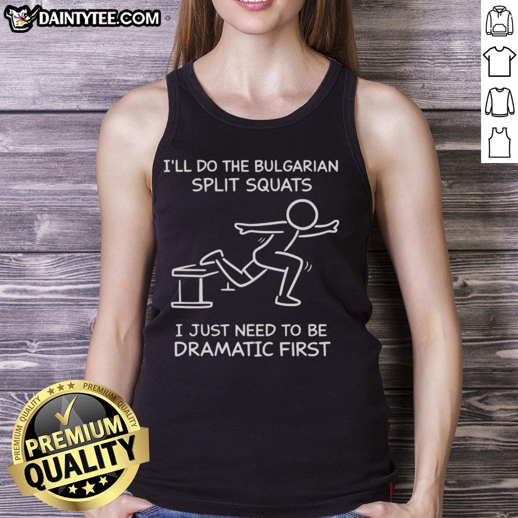 Person in a tank top humorously preparing for Bulgarian split squats, showcasing fitness and drama in workout attire.