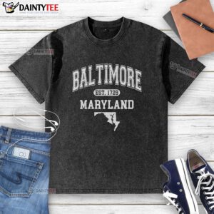 Good Baltimore Maryland Est. 1729 Varsity Washed T-Shirt featuring vintage style and vibrant colors for casual wear.