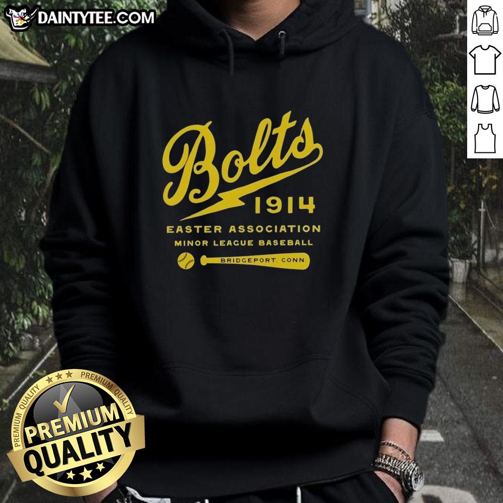 Vintage 'Good Bridgeport Bolts' hoodie representing defunct Connecticut baseball teams, showcasing nostalgic sports fashion.