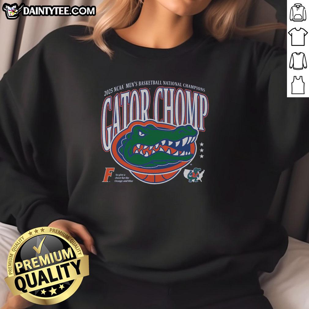 Florida 2025 Men's National Champs sweatshirt featuring 'Good Gator Chomp' logo in vibrant colors.