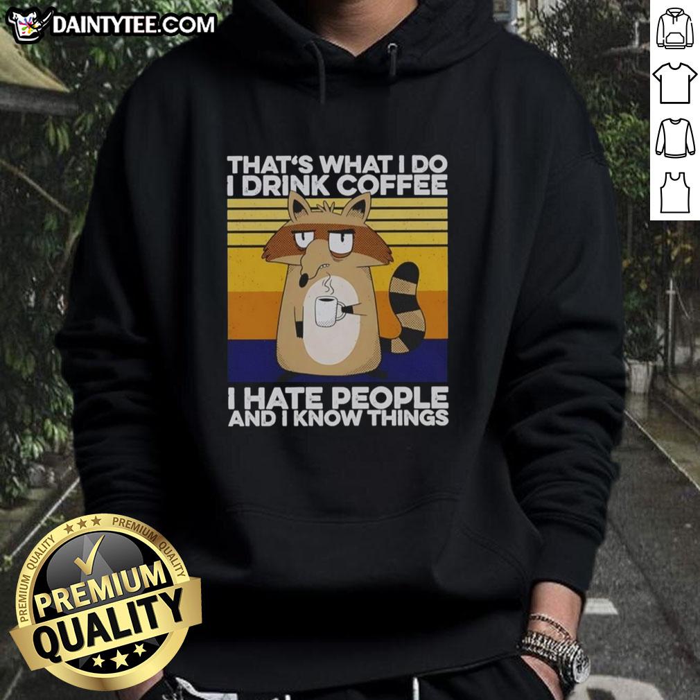 Good Grumpy Raccoon hoodie design featuring a coffee-loving raccoon with a humorous quote about drinking coffee.